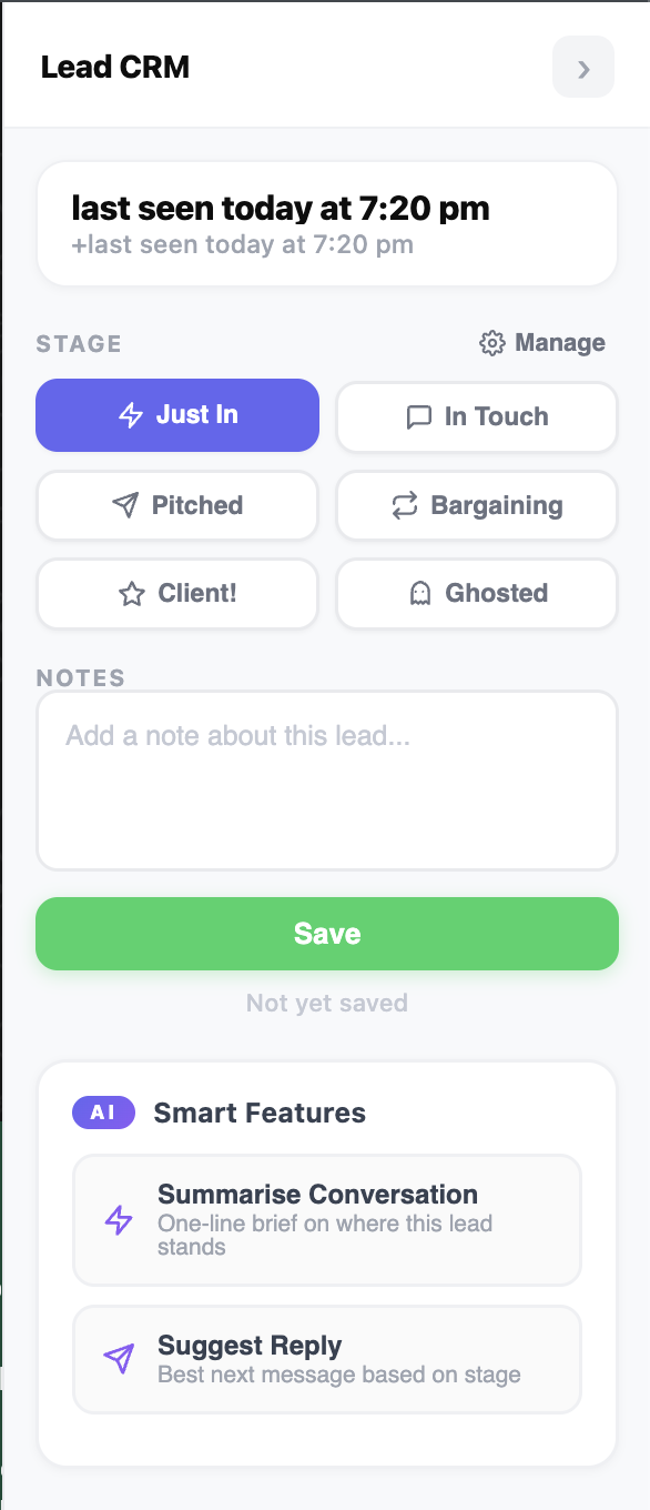 Pipezy sidebar showing lead stages and notes